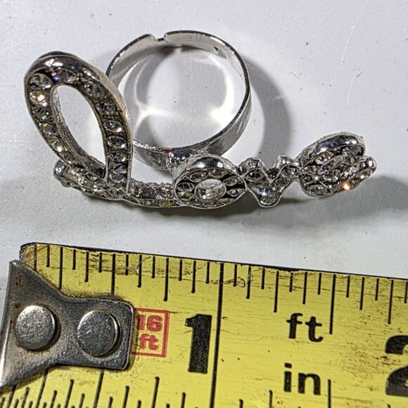 Love Ring With Rhinestone Embellishments Adjustable Band Silver-Tone statement - Picture 3 of 4